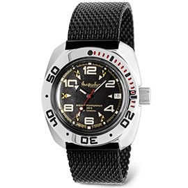 Vostok | Amphibian Automatic Self-Winding Russian Diver Wrist Watch | WR 200m | Amphibia 710335 | Black Dial 40mm Mechanical Watch | Luminous dots | Black Milanese Bracelet