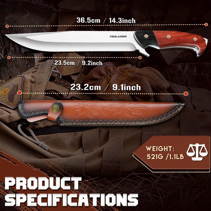 Hunting Knife with Leather Sheath, Full Tang Fixed Blade Knife