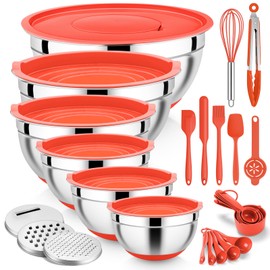 E-far Mixing Bowls with Lid Set, 25PCS Stainless Steel Nesting Prep Bowls with Grater Attachments Utensils Non-Slip Bottoms for Cooking, Baking, Serving, Food Storage, 4.6/2.6/2/1.5/1/0.7QT - Red