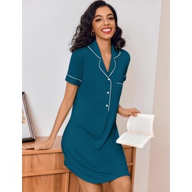 Ekouaer Women's Nightgown Button Down Nightshirt V Neck Sleepshirt Short Sleeve Sleepwear Soft Pajama Dress