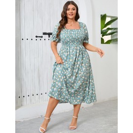 KOJOOIN Womens Puff Sleeve Summer Floral Dress Plus Size Smocked Ruffle Square Neck Casual Dress Cute Midi Dress Teal Blue Flower 2XL