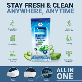 MED PRIDE Hospital Wipes for Bathing, Waterless Rinse Free Bath Wipes for Adults, Microwavable Soft Thick, 12 Packs (96 Count), Aloe Vera
