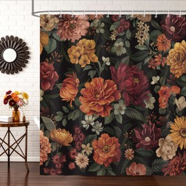 COZZSNUGE Vintage Dark Floral Shower Curtain, Black Boho Flower Bloosom Plant Farmhouse Shower Curtain for Bathroom Waterproof Polyester Fabric with 12 Hooks, 72 x 72 Inches