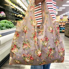 allydrew Large Foldable Tote Nylon Reusable Grocery Bag, Vintage Chrysanthemums