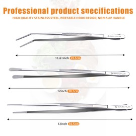GBZCMJK 3 Pcs Kitchen Tweezers, 12'' and 11.6" Stainless Steel Tongs For Cooking, Professional Cooking Tongs, Chef Cooking Tweezers, Sea food, BBQ, Plating and Serving