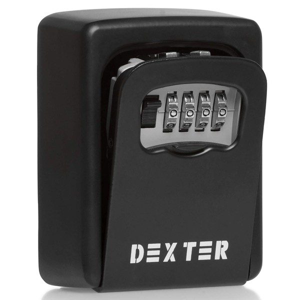 Dexter Innovations Key Safe: Tough, wall mounted key safe in black with combination lock and external protection cover. Holds up to six keys. 10,000 possible combinations