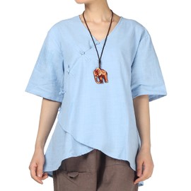 Minibee Women's Linen Retro Chinese Frog Button Tops Blouse Blue 2XL