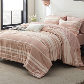 Bedsure King Comforter Set 7 Pieces, Dusty Pink Striped Bedding Set for All Seasons, Reversible, Cationic Dyeing Bed in a Bag with Comforter, Sheets, Pillowcases & Shams