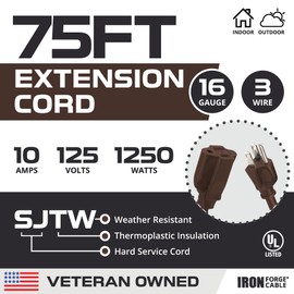 Iron Forge Cable Brown Outdoor Extension Cord 75 ft, 16/3 SJTW 75 Foot Dark Brown Exterior Extension Cord 3 Prong, Weatherproof Heavy Duty Brown Power Cable for Outside, Deck, Landscaping & Lawn