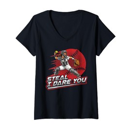 Womens Softball Girl Steal I Dare You Throwdown Catcher Art V-Neck T-Shirt