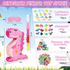 Hanaive 141 Pcs Dinosaur Piñata for Birthday Party, Dino Piñata Set with Blindfold and Baton, 16 x 12 x 3 Inch, Kids Dinosaur Themed Party Favors for Boys and Girls(Cute Style)