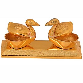 WC_ Aluminium Golden Color Plated Laxmi Ganesha Idol with Platter Plate for Puja Diwali Gift Items Deepawali Decorations Indian Dhanteras Pooja Statue Thali (Duck Roli Chawal Box)