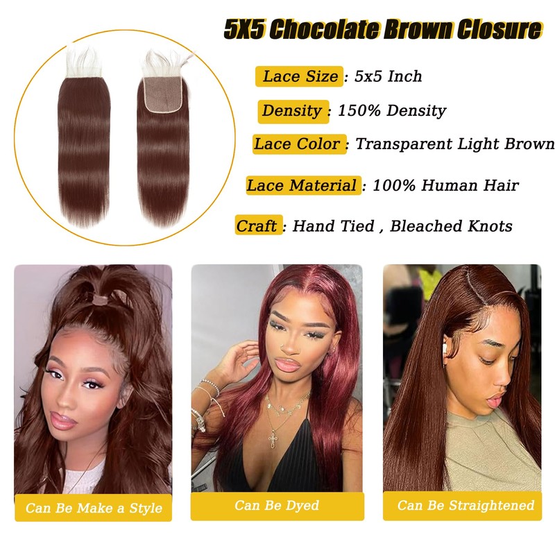 5x5 Chocolate Brown Closure #4 closure straight 18 Inch