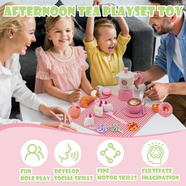 Forroby Kids Tea Set Picnic Toy with Woven Picnic Basket,Afternoon Tea Set,Pretend Play Food Sets for Children Kitchen,Mini Tea Party Set for Children,Gifts for 3 4 5 Years Toddler Girls Boys