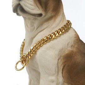 18K Gold Chain Dog Collar 10MM Cuban Link Chain Stainless Steel Metal Links Walking Training Collar Choker for Small Medium Large Dogs 12in to 26in (20”(Neck Fits 16"))
