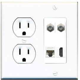 15 Amp Round Power Outlet 2 Coax Cat5e Ethernet HDMI Wall Plate White
