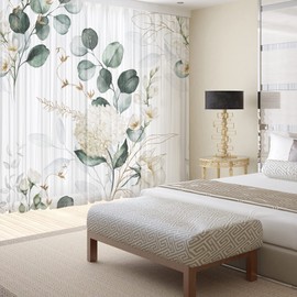 Fereyis Green Eucalyptus Leaves Curtains for Living Room 84 inch Length 2 Panels Set Elegant Hydrangea Floral Spring Printed Window Curtain Natural Sheer Chiffon Drapes for Bedroom