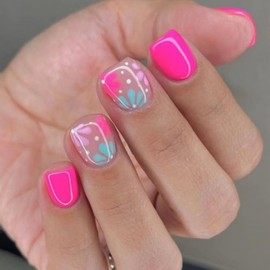 Press on Nails Short Square Fake Nails with Flower Designs Acrylic Nails Press ons Glossy Glue on Nails Spring Summer False Nails Pink Full Cover Artificial Stick on Nails for Women 24Pcs