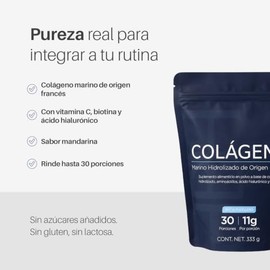 Colágeno Marino Hidrolizado con Vitamina C, Aminoácidos, Ácido Hialurónico y Biotina, Sabor Mandarina, 333 g | 30 porciones