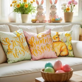 Prims & Flourish Easter Pillow Covers 18x18 Set of 4, Throw Pillow Covers, 4-Pack, 4 Bunny and Floral Designs, Vintage Easter Charm, Pink, Green