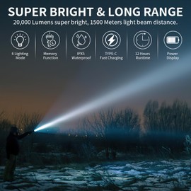Tommax Rechargeable Flashlights - 20000 Lumens LED Super Bright Small Powerful Flashlight, Dimmable 6 Modes with Memory Function, Pocket IPX5 Waterproof Torch for Camping, Emergency, Hiking (1, Black)