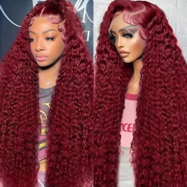 BELE Burgundy HD Lace Front Wigs Human Hair 13x6 Deep Wave 200% Density 99J Curly Lace Frontal Wigs for Women Wet and Wavy Glueless Wig Pre Plucked with Baby Hair 26 Inch