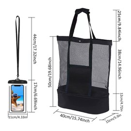 Mecctuck Beach Bag, Mesh Beach Bag, Sand Toy Mesh Bag, Reusable Foldable Extra Large Foldable Family Mesh Beach Bag, Mesh Swimming Bag with Waterproof Bag (Black)