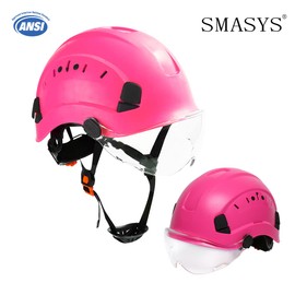 SMASYS Safety Pink Hard Hat with Visor Ear Muffs- Adjustable ABS Helmet for Construction Head Protection Hearing (P-Clear Visor)
