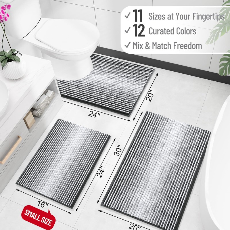 OLANLY Small Bathroom Rugs 24x16, Chenille Striped Bath Rugs, Dark