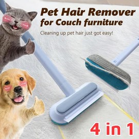 Reusable Pet Hair Remover Brush, 4-in-1 Multifunction Pet Hair Removal Tool with 17.7" Extra Long Handle for Furniture, Car, Carpet & Multi-Surfaces (Blue)