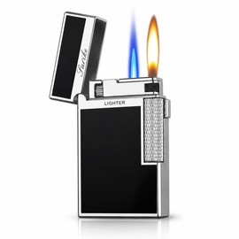 Refillable Butane Lighter, Dual Flame with Soft Flame & Jet Torch, Side Slide Flint Wheel Ignition, Classic Vintage Metal Pocket Lighter with Gift Box (Fuel Not Included),Silver