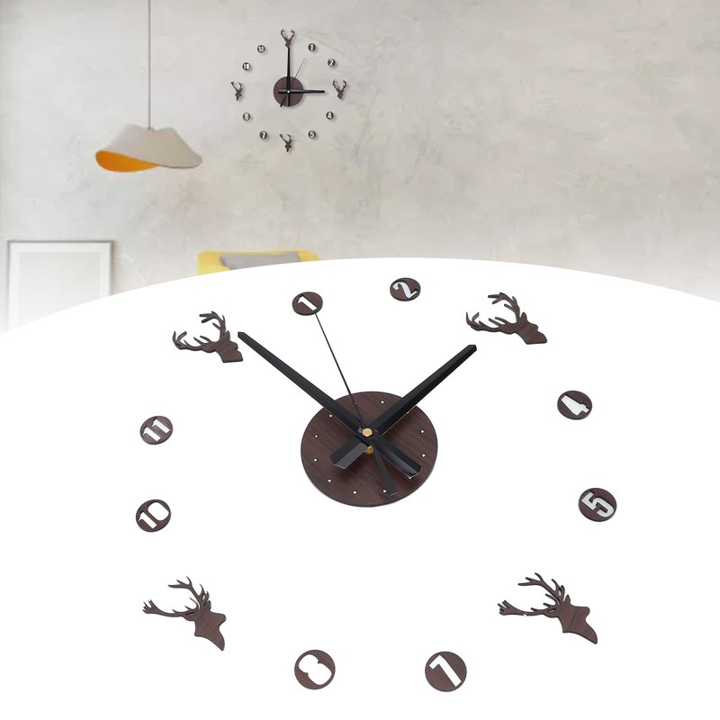 Frameless Wall Clock Deer Head 3D Effect Self Adhesive DIY