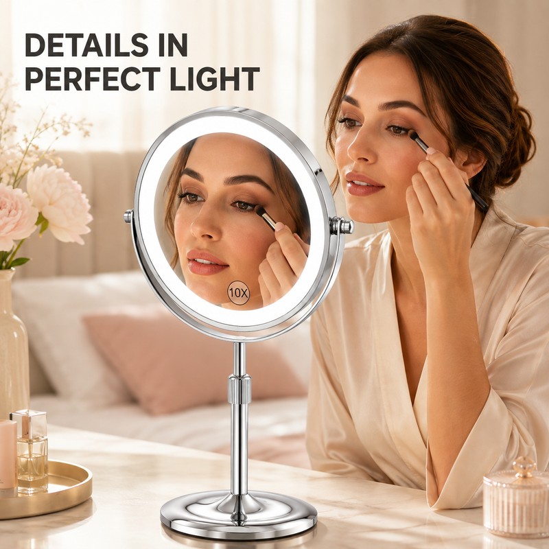 8-Inch Rechargeable Lighted Makeup Mirror with 1X/10X Magnification & Adjustable