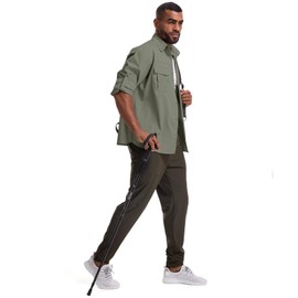 Mens Safari Sun Shirts UPF 50+ UV Sun Protection Long Sleeve Outdoor Breathable Quick Dry Fishing Hiking Gardening Shirts (New 5051 Grey Green L)