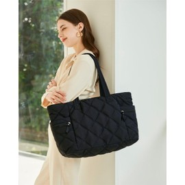Prite Quilted Tote Bag for Women, Lightweight Puffer Tote with Zipper, Travel Work Nurse Gym Bag(Black)