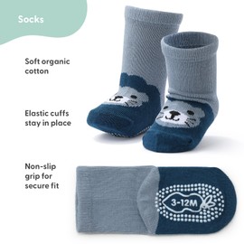 The Peanutshell Organic Baby Boy Socks for 3-12, 12-24 Months - Non-Slip Grip, Soft and Breathable 100% Cotton Baby Crew Socks - All Day Comfortable Design, Toddler Baby Socks - Bold