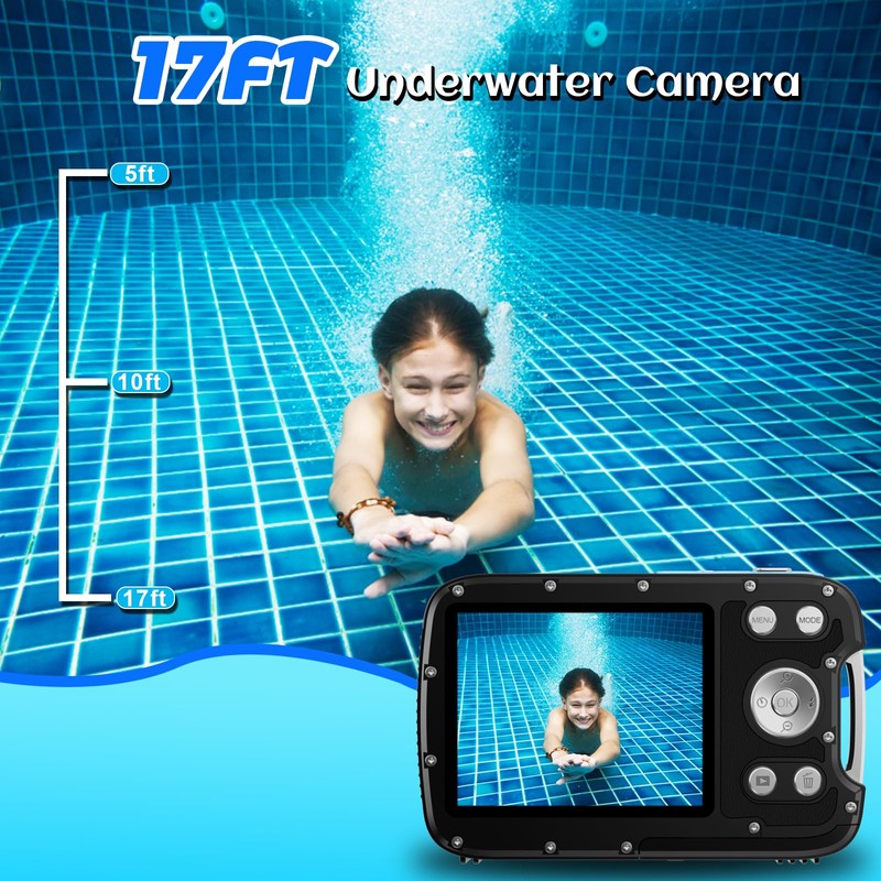 ISHARE Underwater Camera,4K 48MP 17FT Waterproof Camera for Snorkeling,Dual Screen