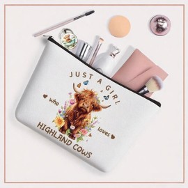 Unique Highland Cow Themed Cosmetic Bag and Keychain Set Just A Girl Who Loves Highland Cows Highland Cow Gifts for Women, Ideal for Travel & Daily Use