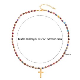 UEUC Cross Necklace for Women 14K Real Gold Plated Dainty Small Cross Pendant Choker Healing Natural Stone Bead Chain Religious Jewelry Christian Faith Cross Necklace Gifts(#12)