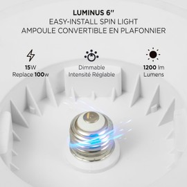 Luminus 6" Easy-Install Spin Light Flushmount Lights E26 Base, 100W Equivalent (15W) 1200 Lumens, 50000 Hour Lifespan, Dimmable, 4000k Cool White, 1 Pack