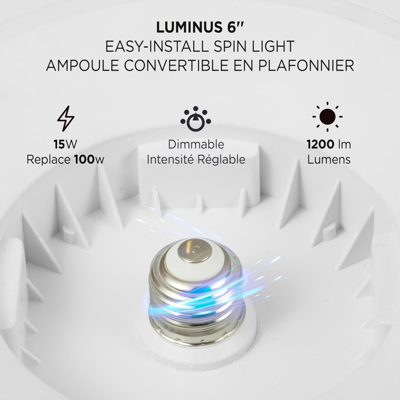Luminus 6" Easy-Install Spin Light Flushmount Lights E26 Base, 100W