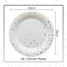 HNH Party Paper Plates Set 24 Pieces White with Silver Foil Polka Dots 23cm Dinner Plates Set for Party Table Decorations