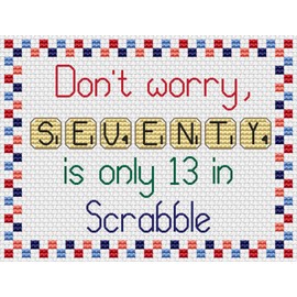 Scrabble Letters Cross Stitch Kit/Fun Joke Birthday Anniversary Card Embroidery Set with Aida, DMC Threads, Colour Chart and Aperture Card (70 Seventy)