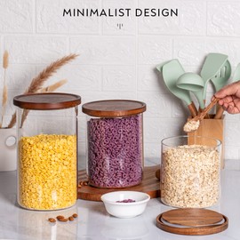 Laramaid Glass Jar Set (1x 35oz/1x 68oz/1x 101oz) Set of 3 with Minimalist Pantry Labels, Round Canister Jars with Polished Acacia Lids and Black Customized Sticker Labels, Food Storage Containers