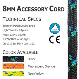 GM CLIMBING 8mm Accessory Cord Rope Double Braid Pre Cut CE/UIAA (Black, 50ft 8mm)