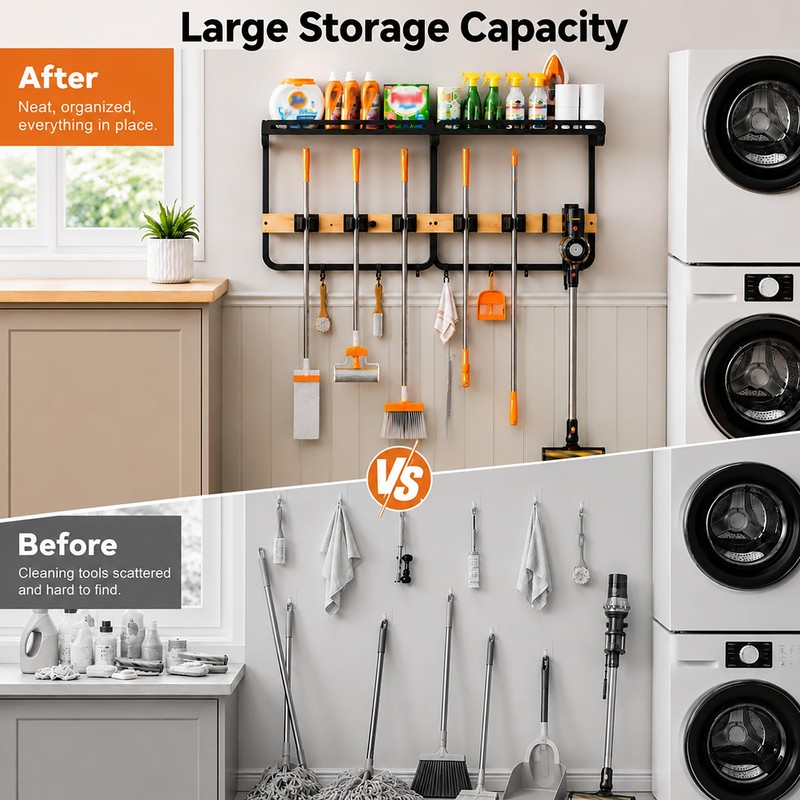 Tigerski Large Broom Mop Holder Wall Mounted with Top Shelf,3-in-1