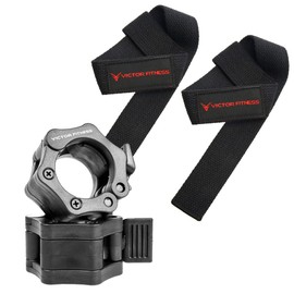 Victor Fitness 24" Unpadded Weightlifting Wrist Straps for Strength Training, Power Lifting, Deadlifts + Quick Release Barbell/Dumbbell Collar Clamps (Black)