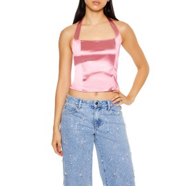 Forever 21 Women's Satin Halter Crop Top Pink
