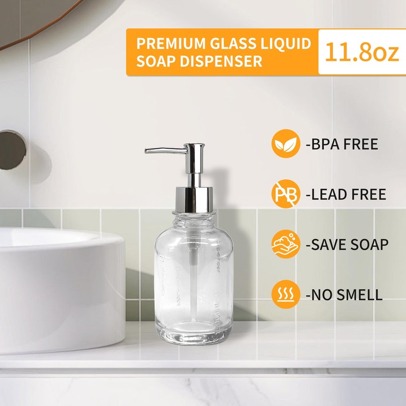UHEY HOME Glass Soap Dispenser Bathroom Kitchen11.8oz Refillable Liquid Soap