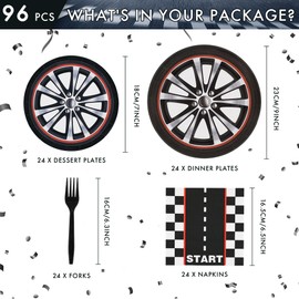 CANREVEL 96 PCS Race Car Birthday Party Plates Serve 24, Racing Car Plates and Napkins Forks Set, Disposable Tableware for Race Cars Party Supplies Decorations, Race Car Plates for Boys Kids Men
